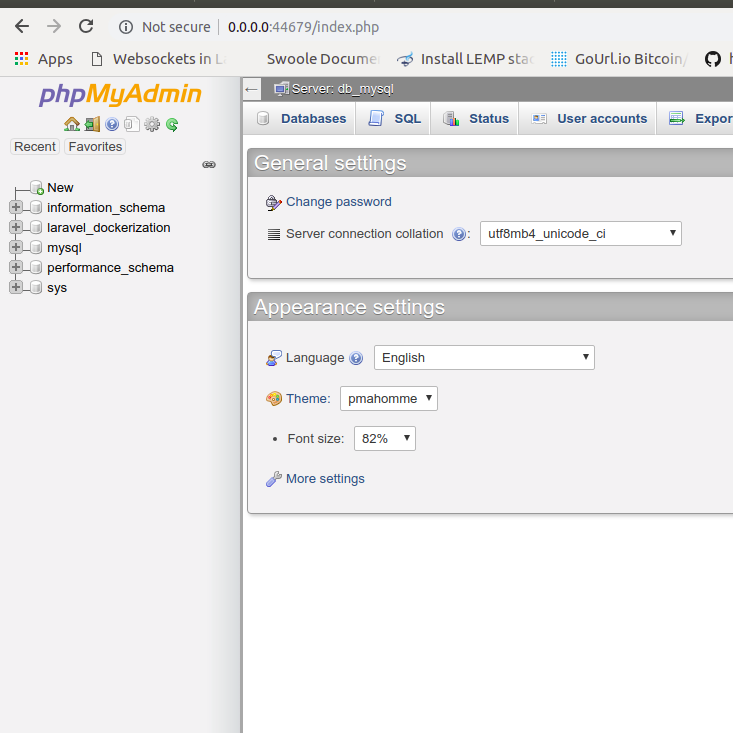 screenshot of phpmyadmin dashboard