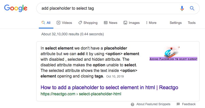 reactgo.com add placeholder to select tag