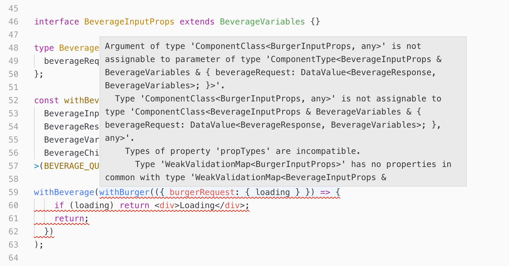 example of a typical error when combining two hocs in TS 