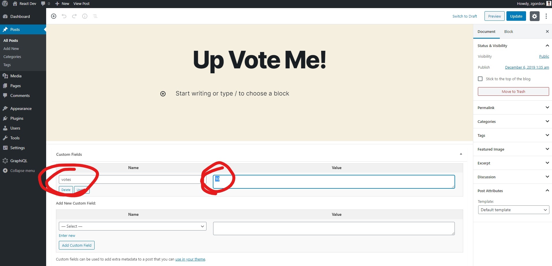 Adding custom values for the vote field