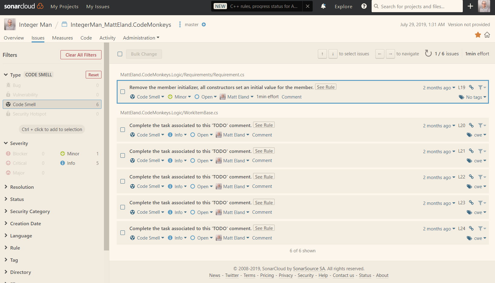 Sonar Cloud Issues List