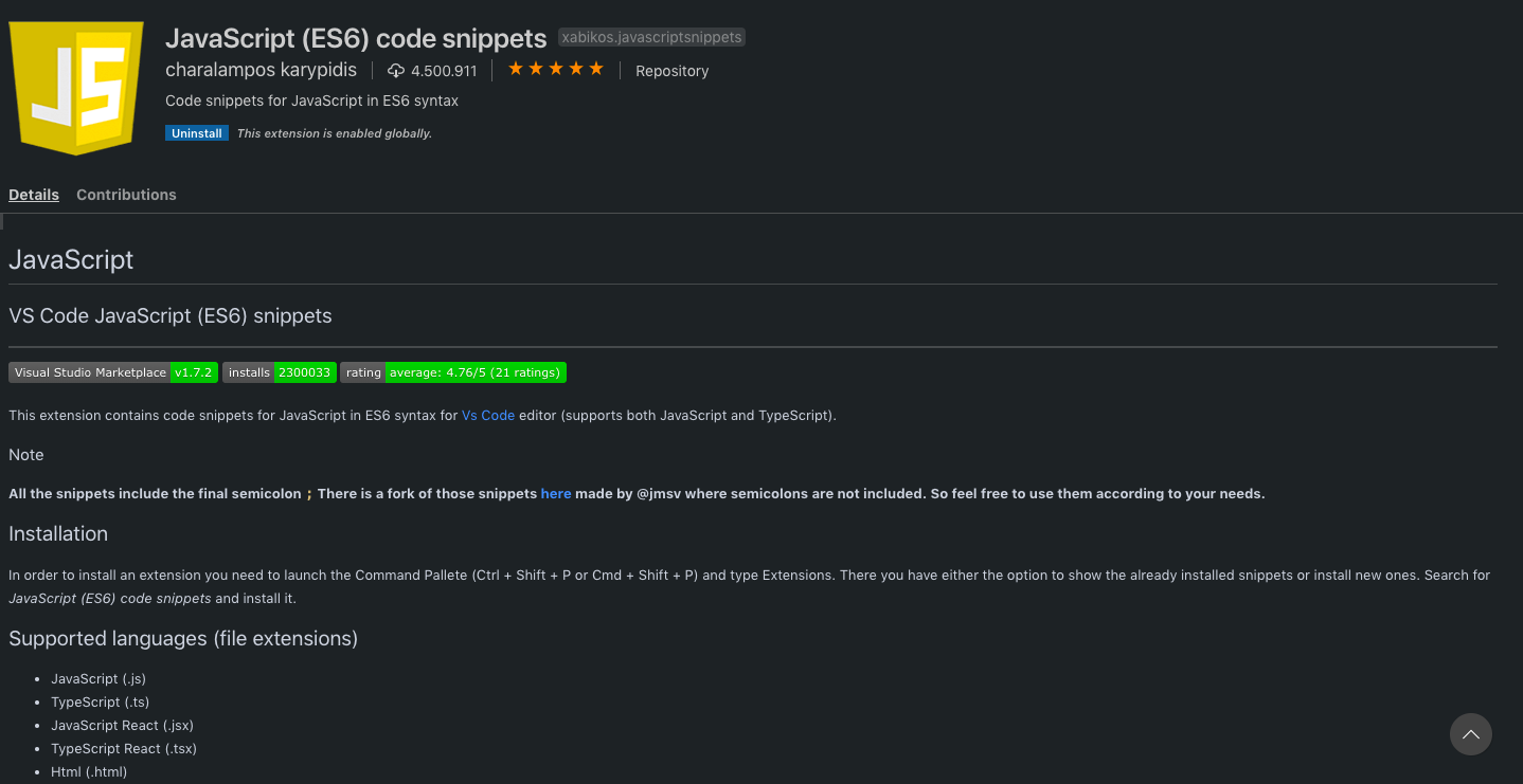 JavaScript Code Snippets Screenshot