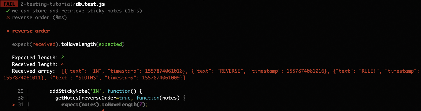 Reverse order test fails; expected length 2, received length 4