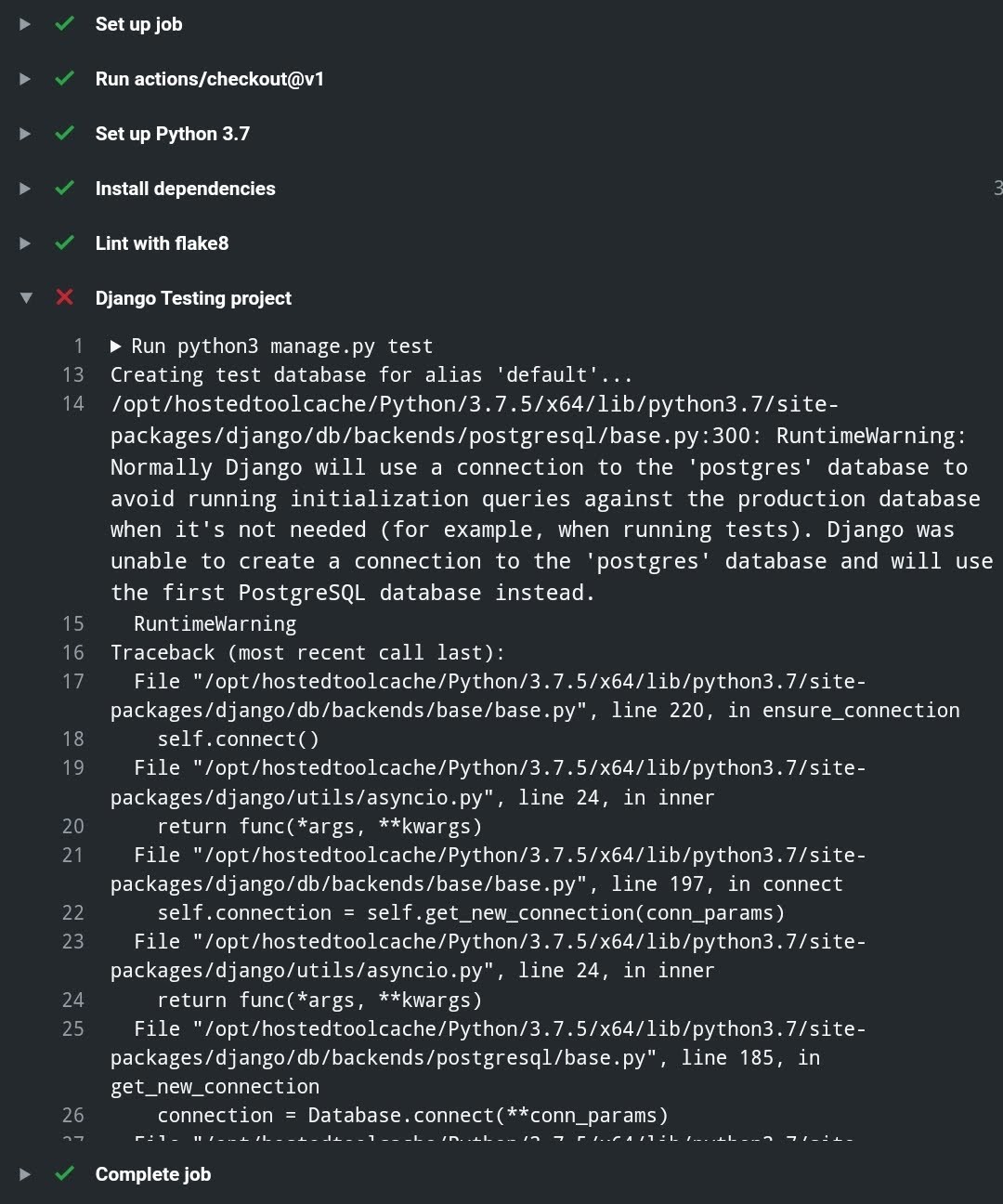 Running django tests with connection error