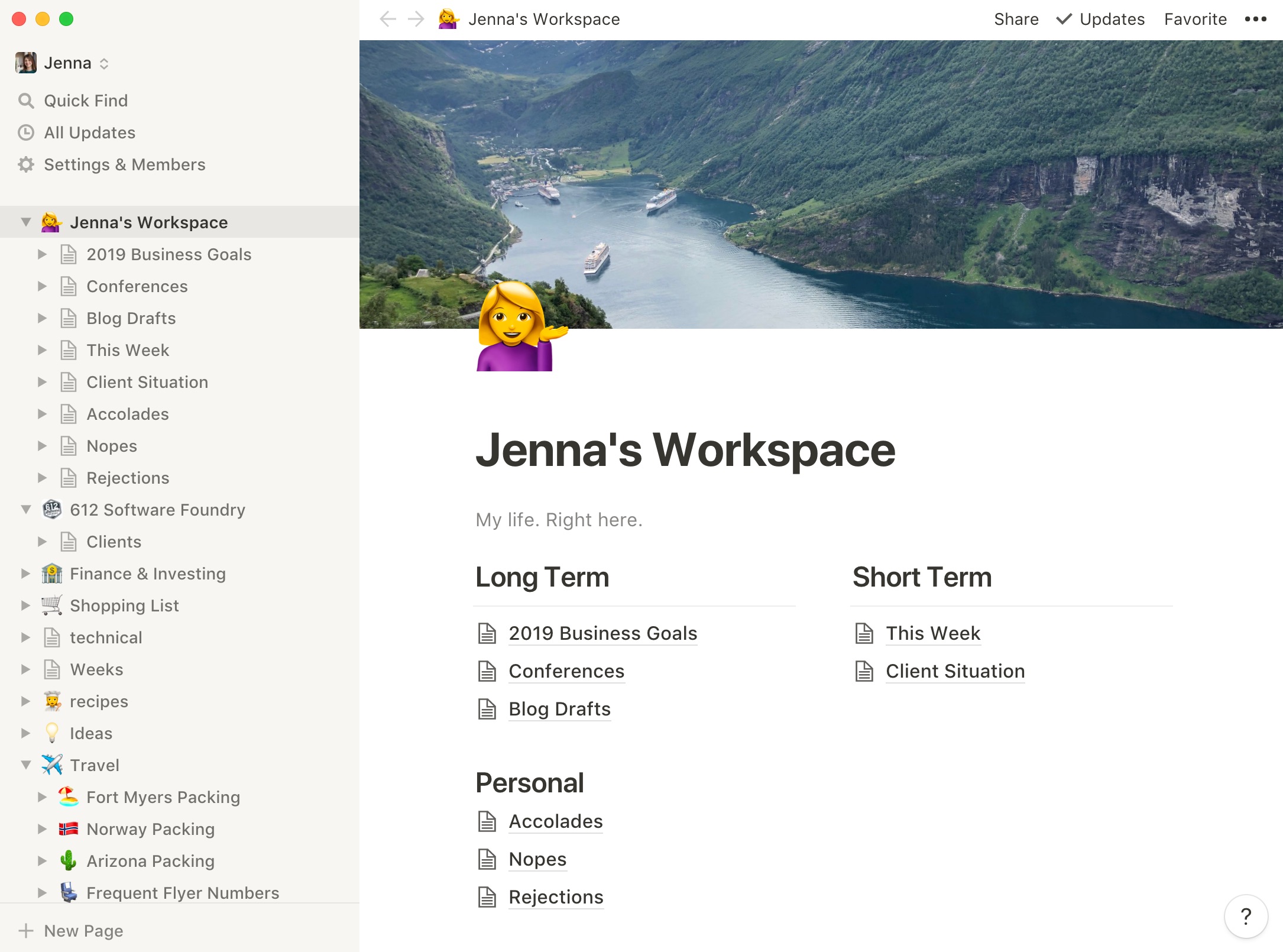 My workspace landing page