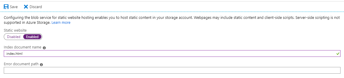 Enable static website for Storage Account