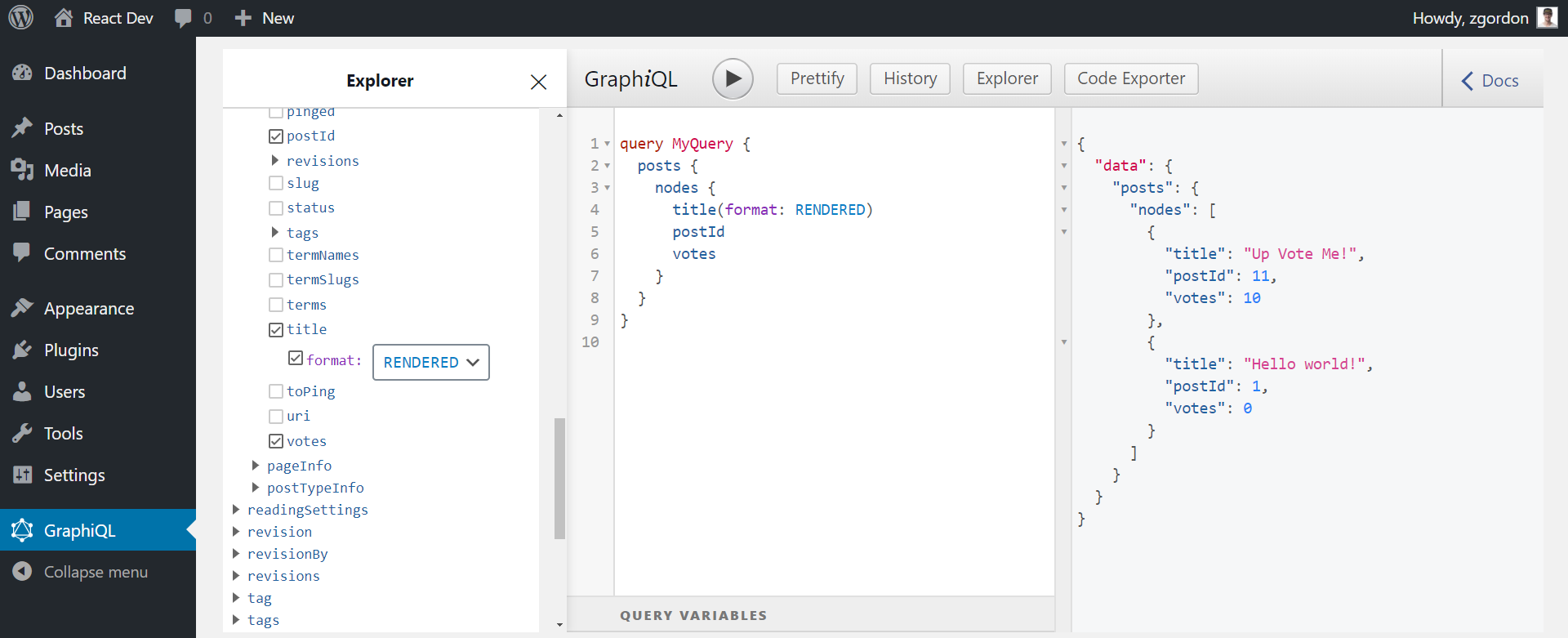 Screenshot of WPGraphiQL showing the votes custom meta field