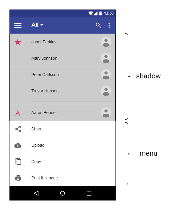 Mobile screenshot of a menu and its shadow