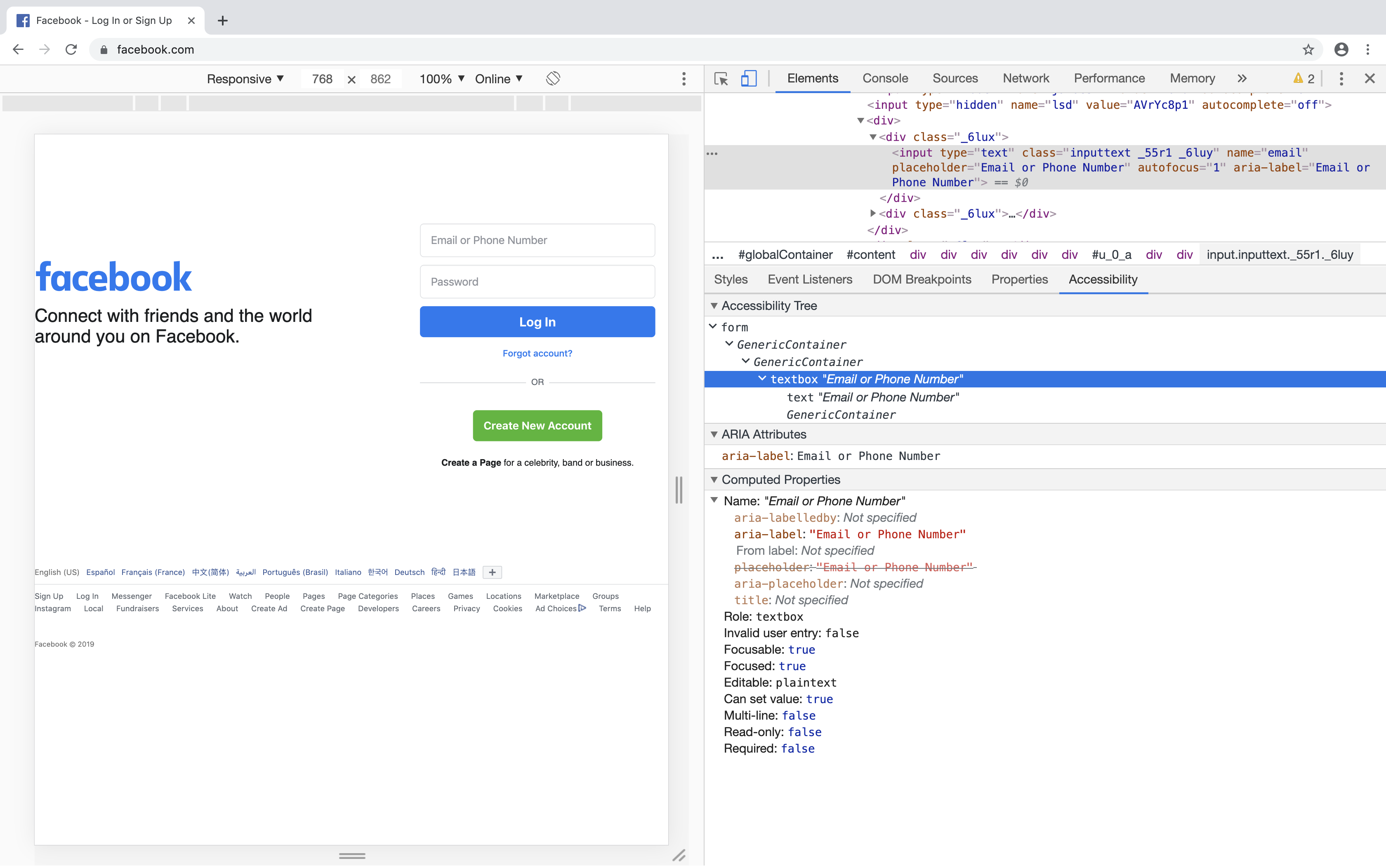 Facebook's homepage's accessibility tree, as viewed in the Chrome Developer Tools