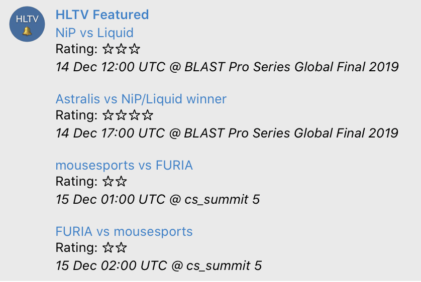 Example of @hltvFeatured message