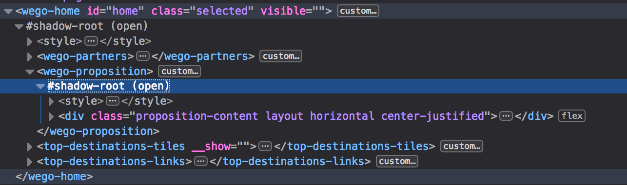 Screenshot of Firefox developer tools highlighting the use of a shadow root on wego.com